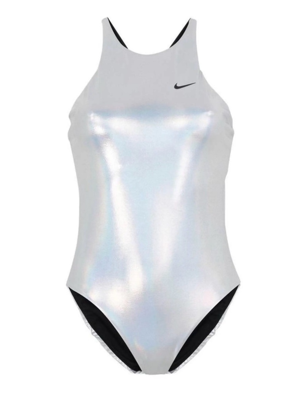 Nike Silver Iridescent One-Piece Swimsuit with Black Accents* Small Nike Flash